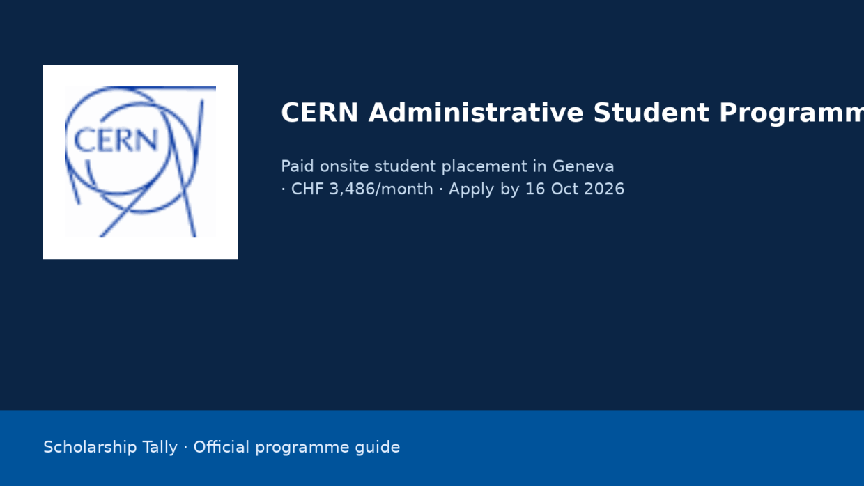 CERN logo — CERN Administrative Student Programme 2027-1: paid onsite student placement in Geneva (CHF 3,486/month; apply by 16 Oct 2026)