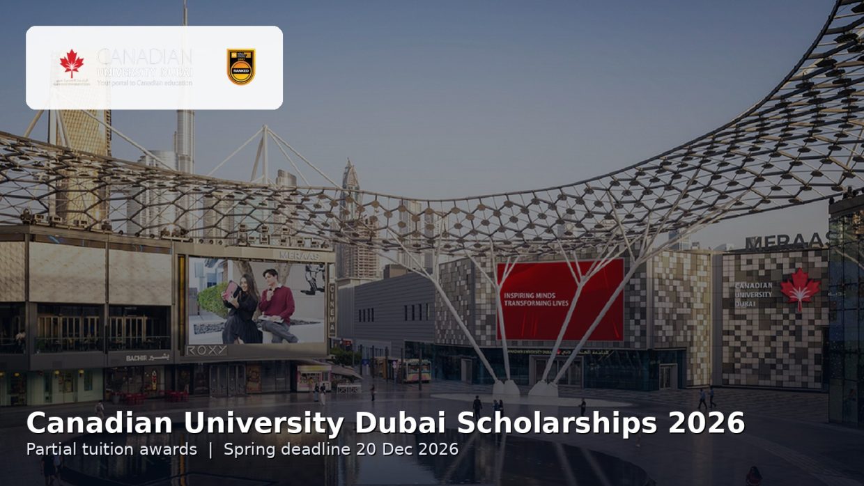 Canadian University Dubai campus with CUD logo; scholarships offering partial tuition awards for 2026 intakes.
