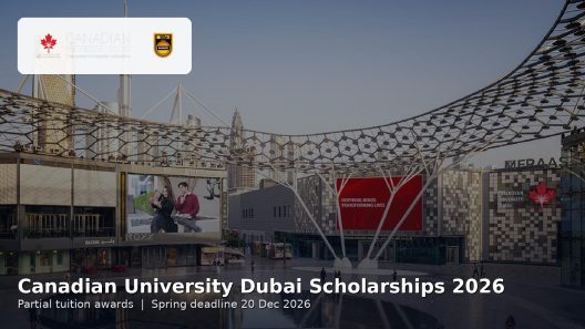 Canadian University Dubai campus with CUD logo; scholarships offering partial tuition awards for 2026 intakes.