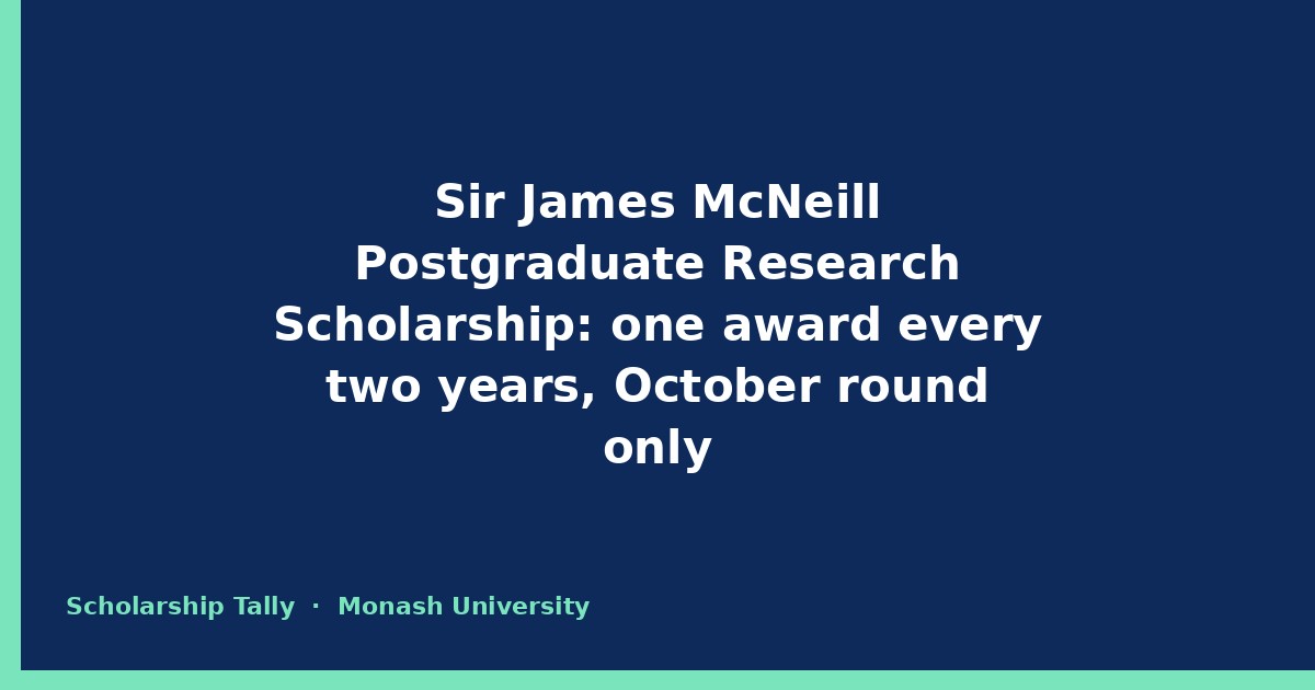 Sir James McNeill Postgraduate Research Scholarship: one award every two years, October round only