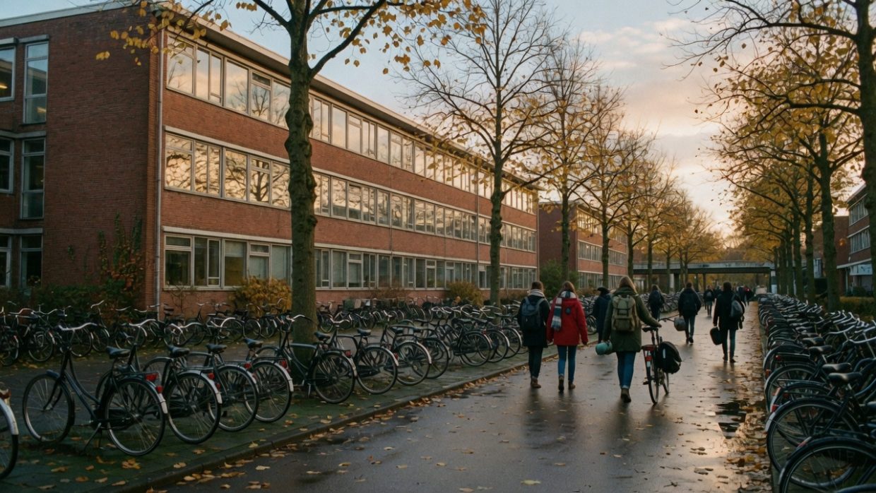 Students cycling past red-brick faculty buildings on a Dutch technical university campus, illustrating TU Delft MSc Programme Scholarships 2027–2029