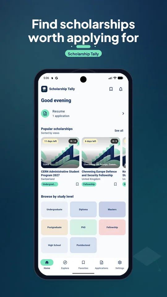 Scholarship Tally app home screen
