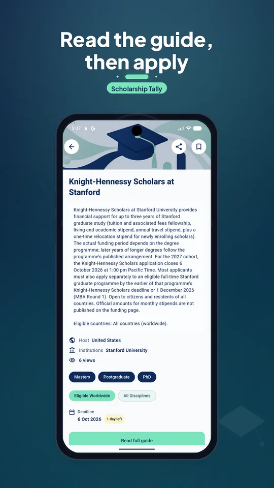 Scholarship details screen with the guide summary and a link to the official page