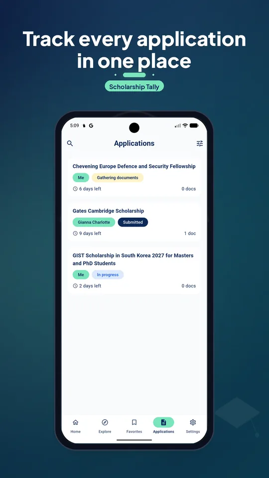 Applications tracker listing each application with its status and deadline