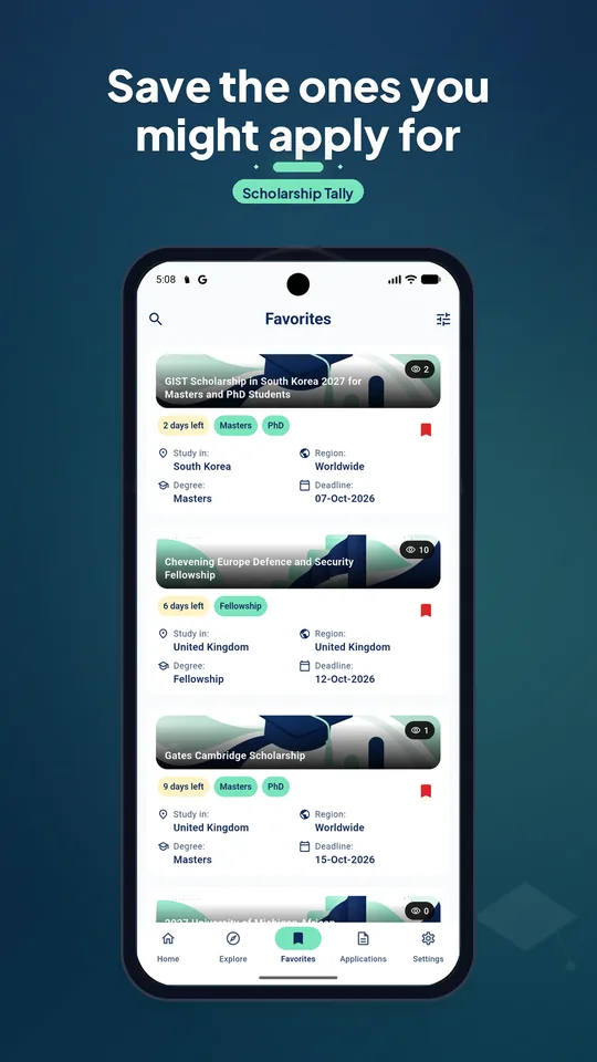 Favorites screen with saved scholarships