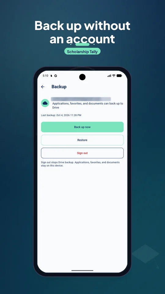 Backup screen for saving the tracker to Google Drive without an account