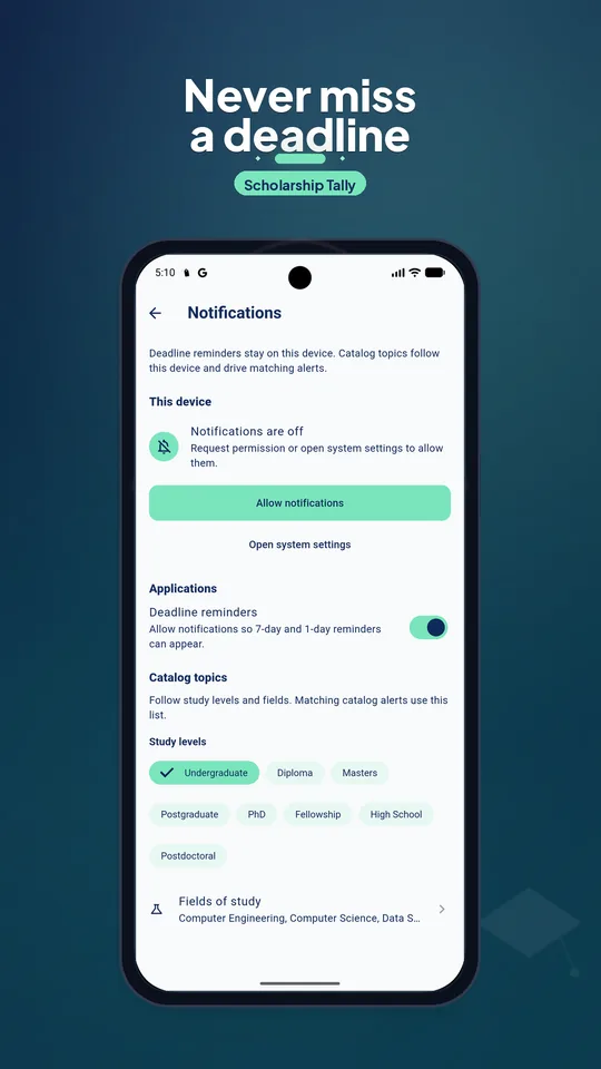 Notification settings for deadline reminders and followed study levels